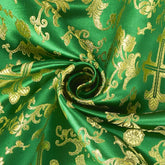Church Cross—Brocade Fabric—Liturgical Elegance—Kelly Green|Gold—40% Nylon, 34% Polyester, 26%—58"-Inche Wide—Sold by the Yard—Available for Nationwide Shipping.